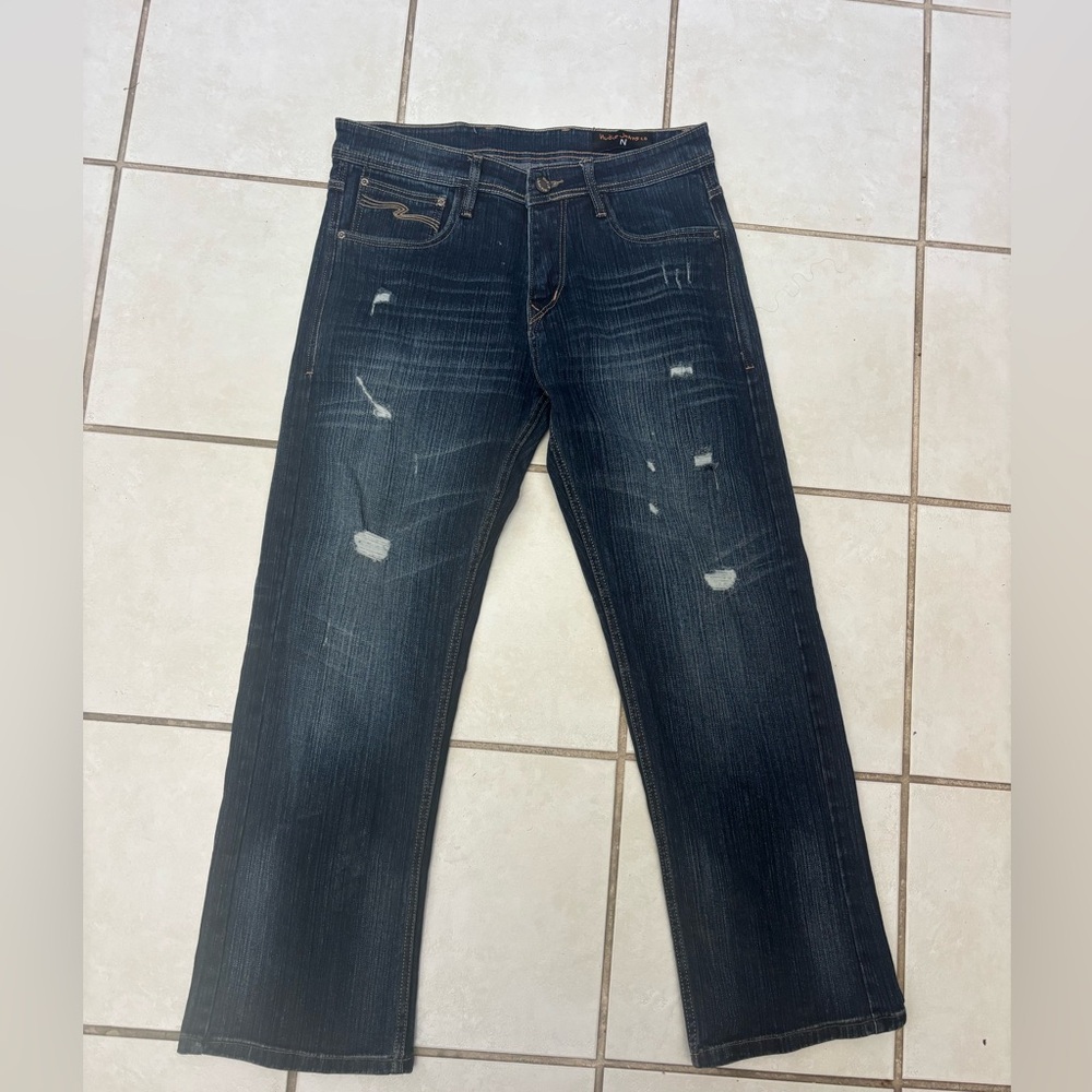 Nudie Jeans Men's Distressed Dark Wash Jeans - Blue Size 32